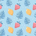 Seamless pattern, drawn strawberries, lemons and monstera tropical leaves. Print, summer background, textile, vector