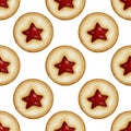 Seamless pattern drawn watercolor dessert shortcrust pastry cookies with star jam