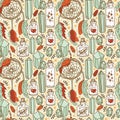 Seamless pattern with dream catchers and glass flasks