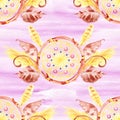 Seamless pattern with dreamcatchers, hand drawn in watercolor. Seamless texture with hand drawn feathers. Illustration