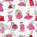 Seamless pattern with dreaming princesses. Set of doodle fantasy little girls with pink, silver and golden colors. Royalty Free Stock Photo