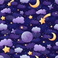 Seamless pattern dreamy night sky with space objects, crescent moon, comets, stars, and purple clouds on a dark blue background Royalty Free Stock Photo