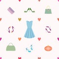 Seamless pattern of dress, shoes, handbags, hearts