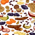 Seamless pattern of dried fruits & nuts, bananas, figs, prunes, raisins, for menu & culinary recipes decoration.