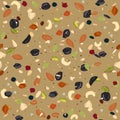 Seamless pattern with dried fruits, nuts, oatmeal, and seeds. Healthy and eco food, granola background.