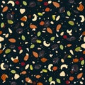 Seamless pattern with dried fruits, nuts, oatmeal, and seeds. Healthy and eco food, granola background. Vector Royalty Free Stock Photo