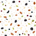 Seamless pattern with dried fruits, nuts, oatmeal, and seeds. Healthy food, granola background, Vector illustartion Royalty Free Stock Photo