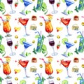 Seamless pattern of drinks, cocktails and snacks on a white background