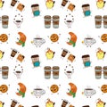 Seamless pattern drinks funny characters coffee tea grains coffee waffle pancake croissant cartoon