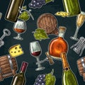 Seamless pattern drinks made from grapes. Wine, brandy, champagne bottle, glass Royalty Free Stock Photo