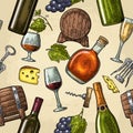 Seamless pattern drinks made from grapes. Wine, brandy, champagne bottle, glass Royalty Free Stock Photo