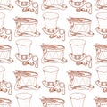 Seamless pattern with drum and high hat, monocle and mustache