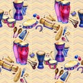 Seamless pattern with drums with splashes in watercolor style and decorative geometric elements on white background