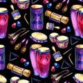 Seamless pattern with drums with splashes in watercolor style and decorative geometric elements on white background
