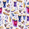 Seamless pattern with drums with splashes in watercolor style and decorative geometric elements on white background