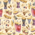 Seamless pattern with drums with splashes in watercolor style and decorative geometric elements on white background