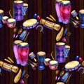 Seamless pattern with drums with splashes in watercolor style and decorative geometric elements on white background