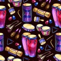 Seamless pattern with drums with splashes in watercolor style and decorative geometric elements on white background