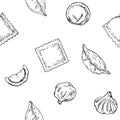 Seamless pattern of dumplings. Vector cartoon background. Hand-drawn style.