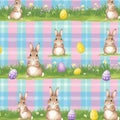 Seamless pattern of Easter bunnies and eggs on a checkered background rabbits spring Royalty Free Stock Photo