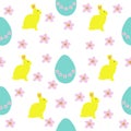 Seamless pattern Easter bunnies, eggs, rabbits, sakura blossoms. Festive drawn print, vector design eps 10 Royalty Free Stock Photo