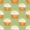 Seamless pattern with Easter cakes with sprinkles on an olive background