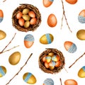 Seamless pattern with easter egg and nest. Hand drawn watercolor illustration on a white background. Design Easter products, Royalty Free Stock Photo