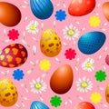 Seamless pattern with Easter eggs and chamomiles on a pink background