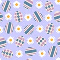 Seamless pattern with Easter eggs and chamomiles. Vector illustration.