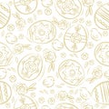 Seamless pattern with EASTER EGGS, flowers, leafs, chick. Hand-drawn elements. Easter holidays design. Can be used for fabric, Royalty Free Stock Photo