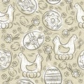 Seamless pattern with EASTER EGGS, flowers, leafs, chick and hen on beige background. Hand-drawn decorative elements. Easter Royalty Free Stock Photo