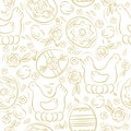 Seamless pattern with EASTER EGGS, flowers, leafs, chick and hen. Hand-drawn decorative elements. Easter holidays design. Can be Royalty Free Stock Photo