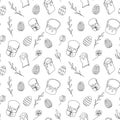 Seamless pattern of Easter eggs, Easter Kulich cakes, floral elements. Black and white. Line art. White backdrop