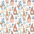 Seamless pattern of Easter gnomes and flowers