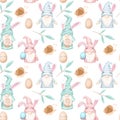 Seamless pattern of Easter gnomes, snails and branches