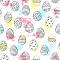 Seamless pattern with Easter hand drawn eggs and watercolor blots on white background. Vector illustration
