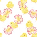 Seamless pattern for Easter. Lovely chickens and pink flowers. Watercolor