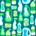 Seamless pattern. Eco friendly household cleaning supplies. Natural detergents. Products for house washing