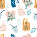 Seamless pattern with eco-friendly items. Textile and paper bags, cups. Go green. Zero waste background. Reusable packaging and