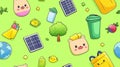 Seamless pattern on an ecological theme with garbage bins, solar panels, trees. Ecological concept