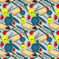 Seamless pattern of educational object, fire engine red color apple, blue NCS color globe, titanium yellow color bulb etc.