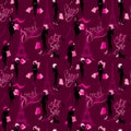 Seamless pattern - Effel Tower, girls silhouettes with shopping Royalty Free Stock Photo