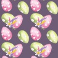 Seamless pattern egg hunt. Chicken painted pink, green eggs, narcissus flower, purple feathers. Happy Easter 2024 Royalty Free Stock Photo