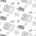 Seamless pattern with egg motif. chicken eggs in a package, quail eggs in a nest in line art style.