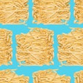 Seamless pattern with egg noodles on blue background. Italian pasta texture