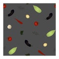 Seamless pattern with eggplant, zucchini, onion, garlic, tomato, parsley, dill on a blue-gray background