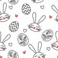 Seamless pattern with eggs, hearts and bunnies. Easter holiday pink, black and white background for printing on fabric, textile, p