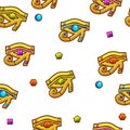 Seamless pattern Egypt Eye of Horus with colored precious gems, golden icon.