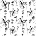 Seamless pattern egypt pyramids ink sketch, date palms. Monochrome stock vector illustration