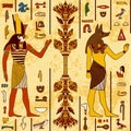 Seamless pattern with egyptian gods and ancient egyptian hieroglyphs on grunge aged paper background. Royalty Free Stock Photo